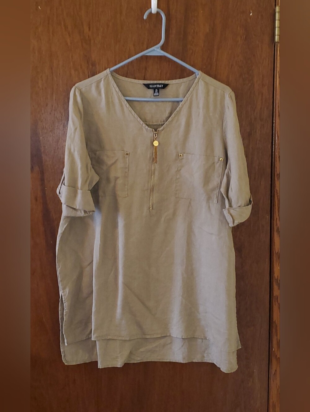 Ellen Tracy Linen Zip-Front Tunic Top Sz Large